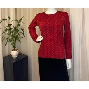 Chicos Red sequin tie dye long sleeve top. Size 1 Medium